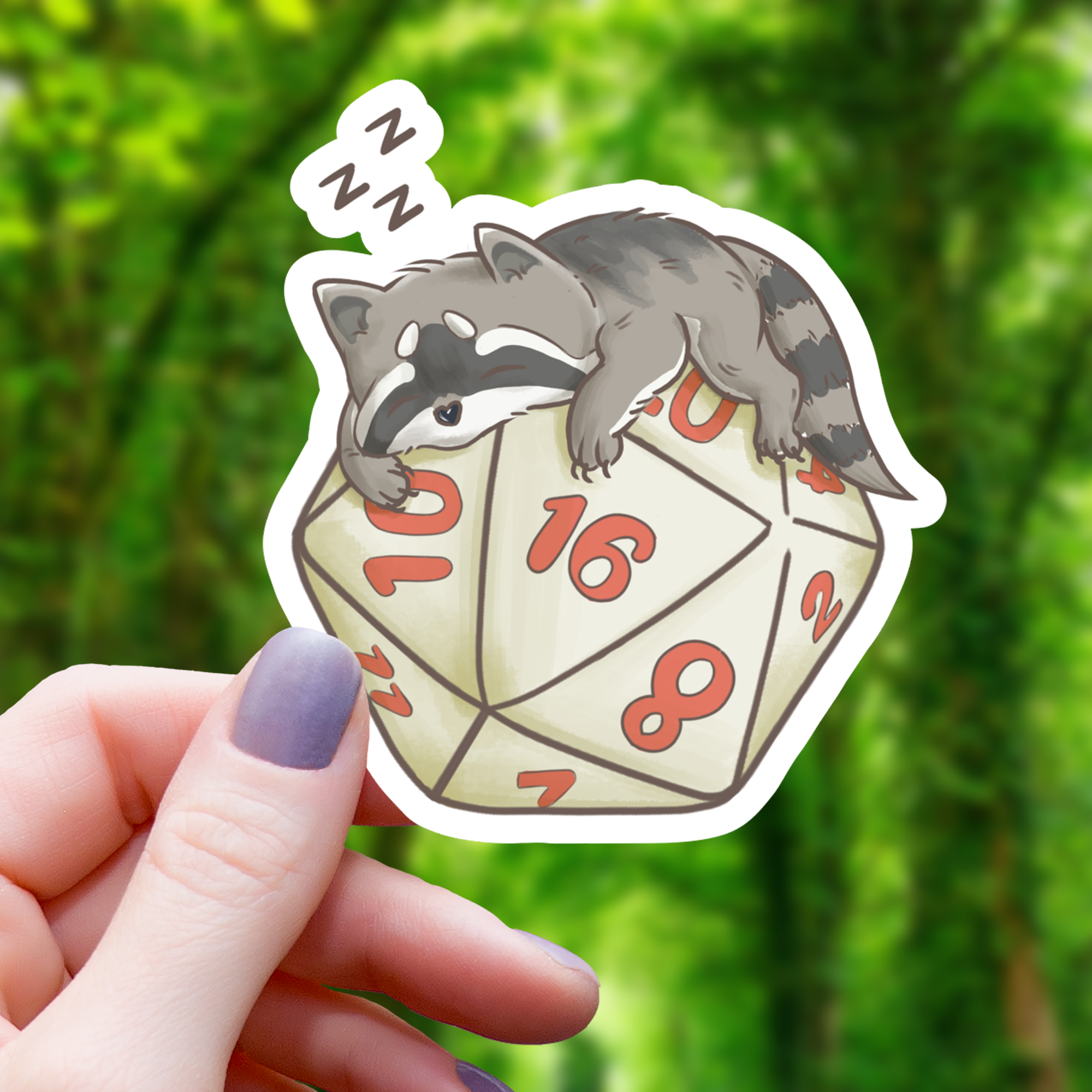 Raccoon Sleeping on D20 Sticker - 3"